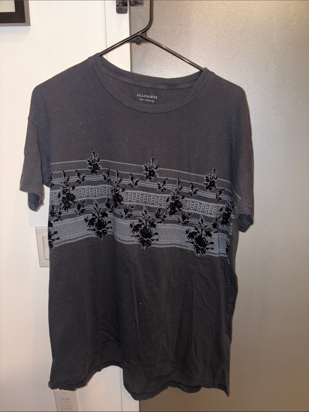 AllSaints Black Crewneck T-Shirt with Grey Floral Band